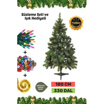 Premium Kutu Süsleme Seti Yılbaşı Çam Ağacı Renkli Işığı Yeni Yıl Süsleri Noel Paketi 180 Cm 330 Dal