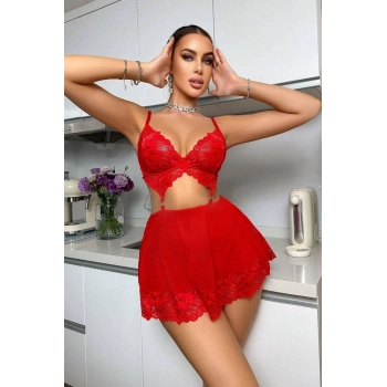 Özel Seri Transparan İnce Tül Fantezi Şık Büyük Küçük Beden Kırmızı Valentines Tasarım Gecelik