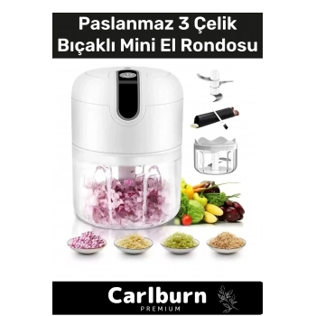 Premium Paslanmaz 3 Bıçaklı Kolay Hızlı Sebze Meyve Sarımsak Pratik Sarjlı Mini El Rondosu 250 ml