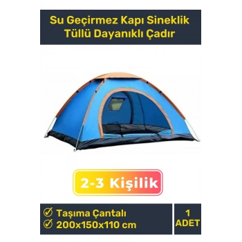Premium Su Geçirmez Kapı Sineklik Tüllü Dayanıklı Kumaş Pratik Kolay Kurulum 2-3 Kişilik Kamp Çadırı