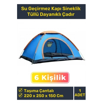Premium Su Geçirmez Kapı Sineklik Tüllü Dayanıklı Kumaş Pratik Kolay Kurulum 6 Kişilik Kamp Çadırı