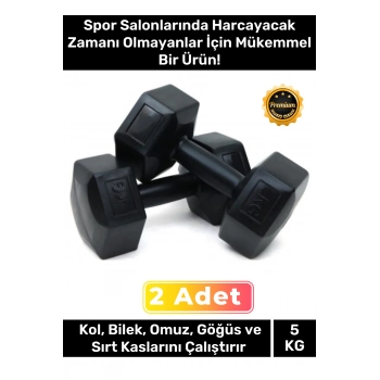 Plastik Köşeli Spor Egzersiz Vücut Kas Geliştirme Fitness Ağırlık Siyah 5 Kg Dambıl Set - 2 Adet