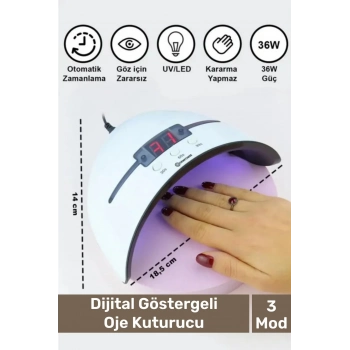 Premium 36W 12 Adet Uv Led Işıklı Profesyonel Dijital Göstergeli 3 Modlu Oje Tırnak Kurutucu