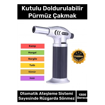 1300 Derece Sıcaklık Veren Tatlı Lehim Mangal Ateş Kömür Kamp Kutulu Doldurulabilir Pürmüz Çakmak