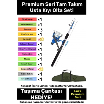 Özel Üretim Şık Taşıma Çantalı Hazır Kurulu Tam Takım Usta Kıyı Olta Seti - 3m Kamış Hediyeli