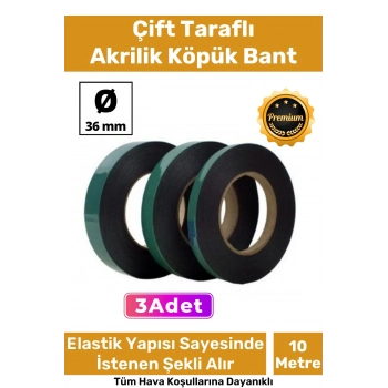 Süper Güçlü İz Bırakmayan Elastik Yapılı Çift Taraflı 36mm - 10 Metre Akrilik Köpük Bant - 3 Adet