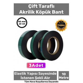 Süper Güçlü İz Bırakmayan Elastik Yapılı Çift Taraflı 48mm - 10 Metre Akrilik Köpük Bant - 3 Adet
