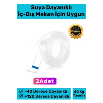 Deluxe Ultra Süper Güçlü Yüksek Mukavemetli Nano Teknolojili Çift Taraflı Şeffaf 1 mt Bant 2 Adet