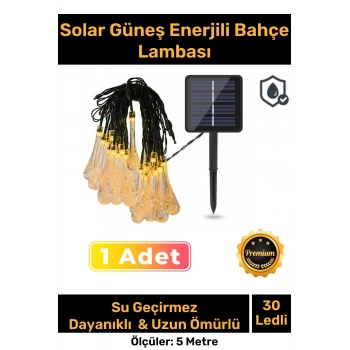 Özel Seri Solar Güneş Enerji 30 Ledli Su Damlaları 5 Metre Uzunluğunda Sarı Renkli Bahçe Aydınlatma