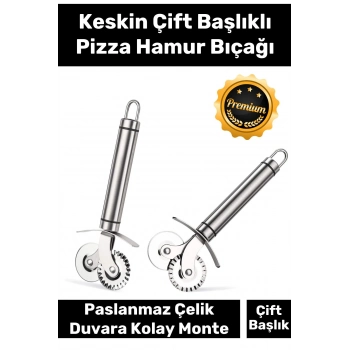 Premium Paslanmaz Çelik Dayanıklı Duvara Asılabilir Süper Keskin Çift Başlıklı Pizza Hamur Bıçağı