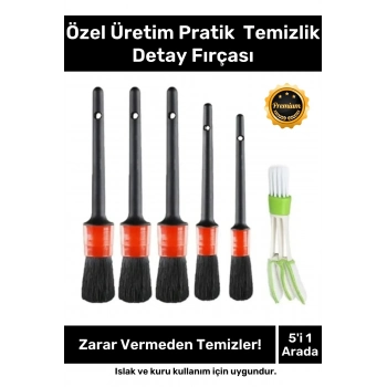 Premium Seri Pratik Islak Kuru Otomobil Oto Araç Araba Klima Temizlik Detay Fırçası 5+1 Set