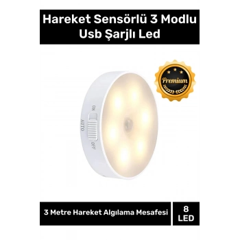 Özel Üretim Mıknatıslı 3 Mod Pratik Hareket Sensörlü 8 Ledli Usb Şarjlı Beyaz Işık Gece Lambası