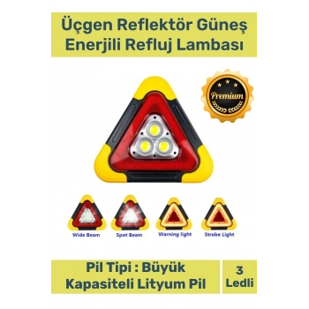 Premium Su Geçirmez Sızdırmaz 3 Ledli Solar Üçgen Reflektör Güneş Enerjili Refluj Araba Oto Lambası