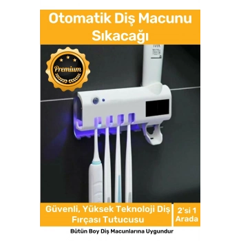 Premium Usb Şarjlı Güneş Enerjili Otomatik Diş Macun Sıkacağı Sterilizatörlü 4 Adet Fırçalığı Tutucu