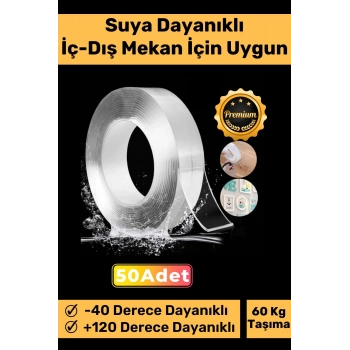 Deluxe Ultra Süper Güçlü Yüksek Mukavemetli Nano Teknolojili Çift Taraflı Şeffaf 3 mt Bant 50 Adet