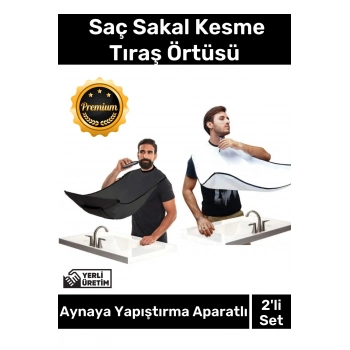 Premium Pratik Vakumlu Aynaya Yapıştırma Aparatlı Evde Saç Sakal Kesme Siyah- Beyaz Set Tıraş Örtüsü