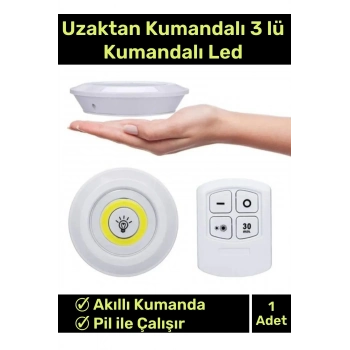 Özel Av Kamp Ev Okul Araba Otel Pilli Uzaktan Kumandalı Yapışkanlı Dayanıklı 3Lü Led Spot 1 Adet