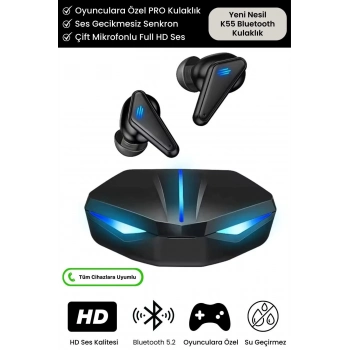 Özel RGB Işıklı K55 Tws Pro Extra Bass Mikrofonlu 3D Stereo Ses Bluetooth Kablosuz Oyuncu Kulaklık