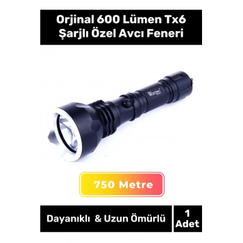 Deluxe Seri 250 Metre Beyaz Işık Güçlü Aydınlatma  600 Lümen Tx6 Şarjlı Özel Avcı Feneri