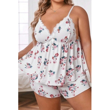 Madame Rosalia Beyaz Çiçek Desenli Büyük Beden Rahat Şort Takımı