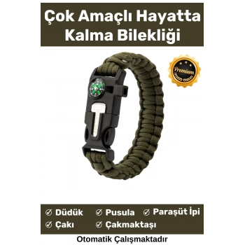 Özel Üretim Kiti Düdük Çakı Pusula Çakmaktaşı Paraşüt İpi Rahat Çok Amaçlı Hayatta Kalma Bilekliği