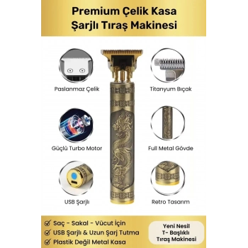 Premium Çelik Kasa Profesyonel Şarjlı Saç Sakal Ense Çizim Lazer Öncesi Tüm Vücut Tıraş Makinesi