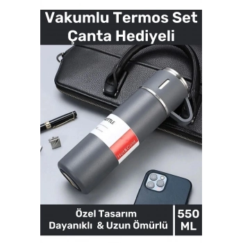 Özel Üretim Paslanmaz Çelik 3 Bardaklı Soğuk Sıcak Termos Vakumlu Termos Set Çanta Hediyeli 550 Ml