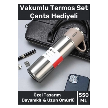 Özel Üretim Paslanmaz Çelik 3 Bardaklı Soğuk Sıcak Termos Vakumlu Termos Set Çanta Hediyeli 550 Ml