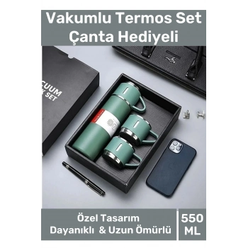 Özel Üretim Paslanmaz Çelik 3 Bardaklı Soğuk Sıcak Termos Vakumlu Termos Set Çanta Hediyeli 550 Ml
