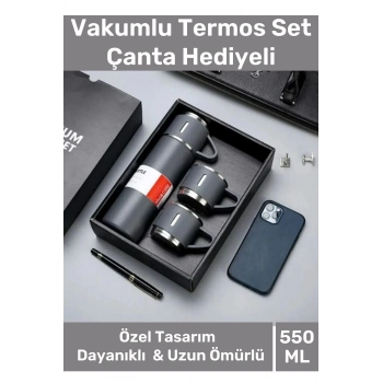 Özel Üretim Paslanmaz Çelik 3 Bardaklı Soğuk Sıcak Termos Vakumlu Termos Set Çanta Hediyeli 550 Ml
