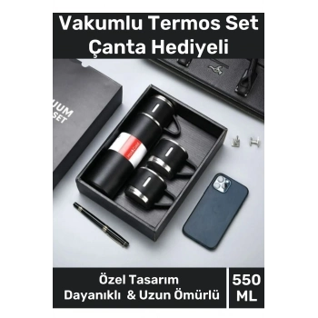 Özel Üretim Paslanmaz Çelik 3 Bardaklı Soğuk Sıcak Termos Vakumlu Termos Set Çanta Hediyeli 550 Ml