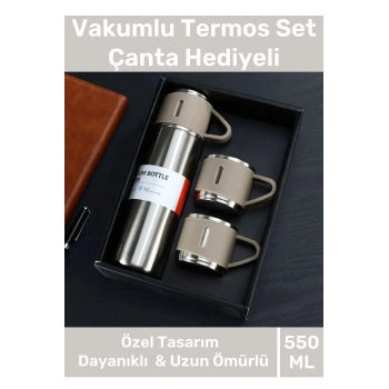 Özel Üretim Paslanmaz Çelik 3 Bardaklı Soğuk Sıcak Termos Vakumlu Termos Set Çanta Hediyeli 550 Ml