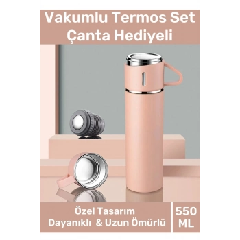 Özel Üretim Paslanmaz Çelik 3 Bardaklı Soğuk Sıcak Termos Vakumlu Termos Set Çanta Hediyeli 550 Ml
