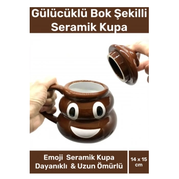Premium Özel Tasarım Hediye Kutulu Gülücüklü Bok Şekilli Seramik Kupa 14 x 15 cm Emoji Bardak