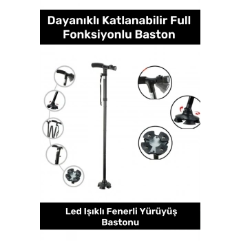 Kolay Açılıp Kapanan Dayanıklı Katlanabilir Full Fonksiyonlu Led Işıklı Fenerli Yürüyüş Bastonu