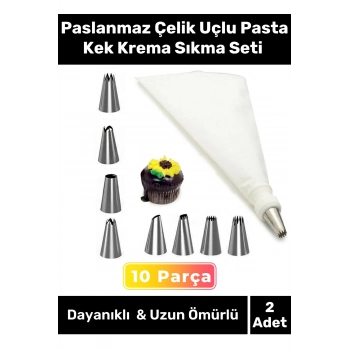Premium Seri Paslanmaz Çelik Uçlu Pasta Kek Süsleme Torbası Krema Sıkma Seti 10 Parça - 2 Adet