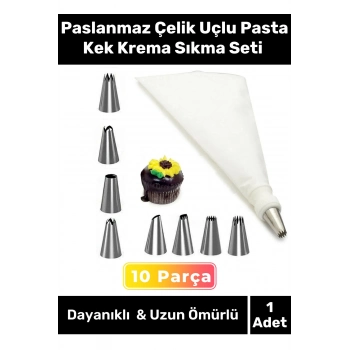 Premium Seri Paslanmaz Çelik Uçlu Pasta Kek Süsleme Torbası Krema Sıkma Seti 10 Parça