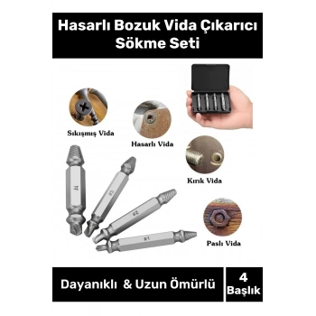 Premium 4 Başlıklı Paslanmaz Çelik Hasarlı Bozuk Vida Çıkarıcı Hasar Görmüş Vida Sökme Seti