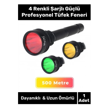 Premium 500 Metre Menzilli Beyaz Sarı Kırmızı Yeşil Aydınlatma Şarjlı Güçlü Profesyonel Tüfek Feneri