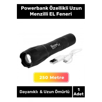 Deluxe Seri Beyaz Gün Işığı 3 Modlu 250 Metre Menzilli Powerbank Özellikli Uzun Menzilli EL Feneri