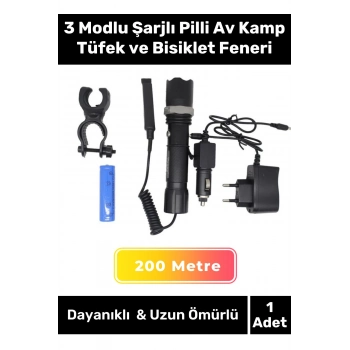 Premium 200 Metre Menzilli Beyaz Işıklı 3 Modlu Şarjlı Pilli Av Kamp Tüfek ve Bisiklet Feneri