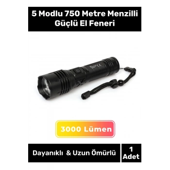 Profesyonel Üretim 750 Metre Menzilli Şarjlı Beyaz Işık 5 Modlu 3000 Lümen Güçlü El Feneri