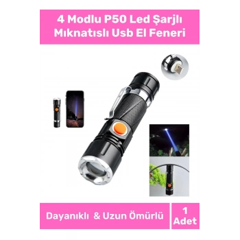 Özel Üretim Takma Aparatlı Dayanıklı Metal Alüminyum 4 Modlu P50 Led Şarjlı Mıknatıslı Usb El Feneri