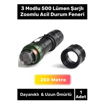 Premium Üretim Beyaz Işık 250 Metre Menzilli 3 Modlu 500 Lümen Şarjlı Zoomlu Acil Durum Feneri