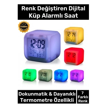 Özel Üretim Dekoratif Termometre Takvimli 7 Renk Değiştiren Dijital Küp Alarmlı Küp Masa Çalar Saat