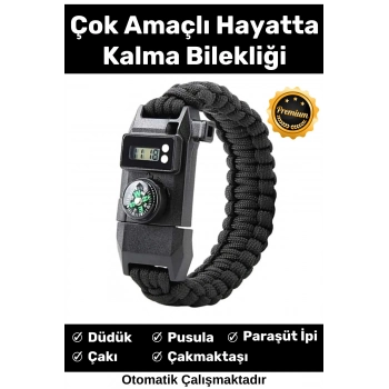 Özel Üretim Kiti Düdük Çakı Pusula Çakmaktaşı Paraşüt İpi Rahat Çok Amaçlı Hayatta Kalma Bilekliği