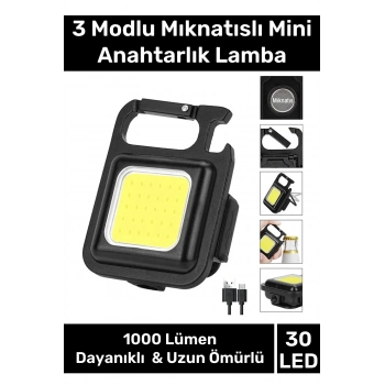 3 Mod Açacaklı Usb Şarjlı Taşınabilir Metal 1000 Lümen El Feneri Mıknatıslı Mini 30 LED Anahtarlık