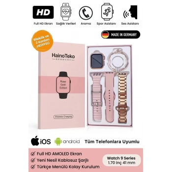 Yeni Nesil 3 Kordonlu Wireless Şarjlı Spor Sağlık Sensörlü Watch 9 Series 41mm Kadın Akıllı Saat