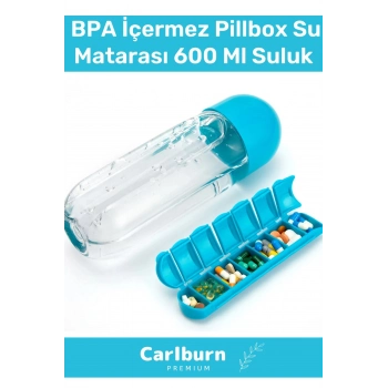 Özel Üretim Hap Bölmeli İlaç Kutusu %100 BPA İçermez Pillbox Su Matarası 600 Ml Suluk