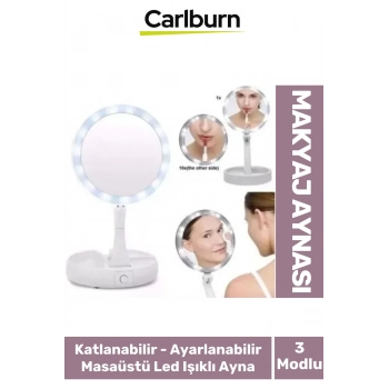 Katlanabilir 3 Modlu Ayarlanabilir Masaüstü Mini Cep Boyu Açılı Piili Led Işıklı Beyaz Makyaj Ayna